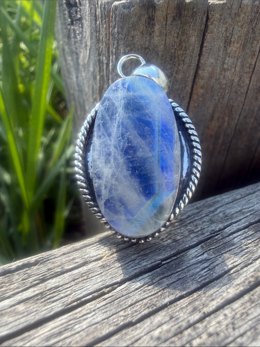 925 Blue Moonstone Oval Sterling Plated Pendant